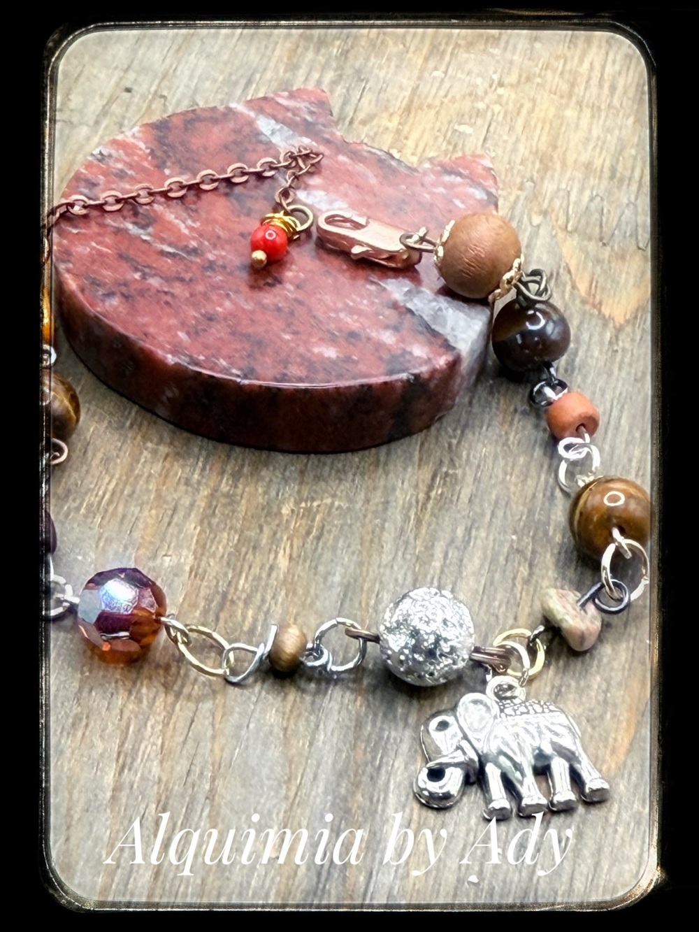 Fall  colors multi tone tiger’s eye and silver elephant bracelet